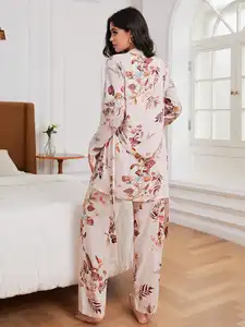 Factory Custom 3 Piece Pajama Set Sexy Robe Suspenders Long Pants Home Wear Private Printing Sleepwear For Women