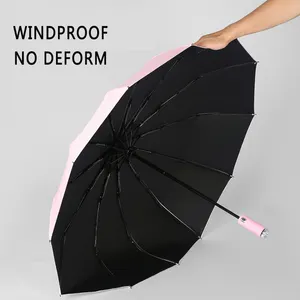 Vente en gros poignée rotative 12 côtes pare-soleil coupe-vent automatique 3 parapluie pliant logo personnalisé parapluie de couleur avec lumière led