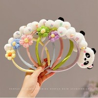 Serre-tête en peluche panda 3D mignon, avec pompon et fleur au crochet, pour le lavage du visage, le maquillage et les accessoires capillaires pour photos de fête