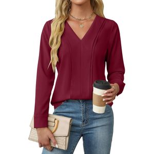 Blusa Elegante Casual para Mujer, Manga Larga, Cuello en V, Chifón, Camisa de Oficina, Antiarrugas, Otoño 2024 - Product Image 1