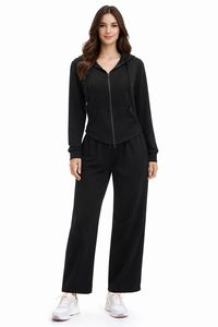 Completo da donna 2 pezzi con felpa e pantaloni lunghi in pile polare tinta unita con cerniera, comodo per lo yoga - Product Image 2