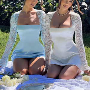 RNSHANGER abiti estivi con <span class=keywords><strong>maniche</strong></span> <span class=keywords><strong>in</strong></span> pizzo per le donne nuovi abiti da festa di moda a Line a manica lunga abito di <span class=keywords><strong>raso</strong></span> bianco Slim Fit - Product Image 2