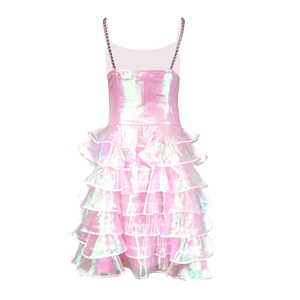 Vestito Estivo da <span class=keywords><strong>Bambina</strong></span> Rosa Iridiscente a Strati con Spalline Sottili e Balze, Abito da Principessa per Feste di Compleanno, Abbigliamento Moda Bambini - Product Image 3