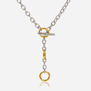 Stainless Steel Two-Tone Y-Shaped Chain <b>Necklace</b> With Gold <b>Ring</b> Pendant Geometric Design For Gift - Product Image 1