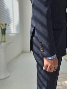 <span class=keywords><strong>Costume</strong></span> d'affaires italien élégant à double boutonnage rayé pour les loisirs Gentleman <span class=keywords><strong>bleu</strong></span> <span class=keywords><strong>marine</strong></span> costumes pour hommes <span class=keywords><strong>pantalon</strong></span> à fermeture éclair - Product Image 4