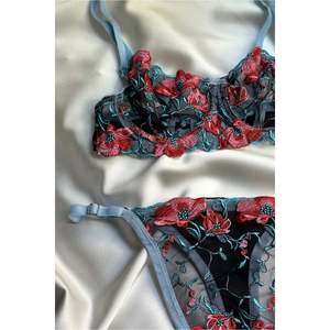 Eyyo Blue Floral Detail Lingerie Set High-Rise Front Closure <b>Bra</b> Padded Embroidered <b>Cup</b> Sheer Thongs Bow Decor XL Size - Product Image 1
