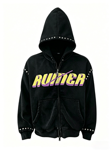 Customizable OEM Y2K Rhinestone Zip up <b>Hoodie</b> Streetwear Acid Wash Runner Print Oversized Vintage Full Zip Men Hoodies - Product Image 3