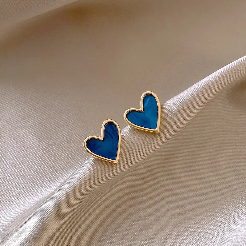 Boucles d'oreilles Chic en forme de cœur plaqué or 14K pour femmes, en argent Sterling 925 avec aiguille, en forme de cœur bleu