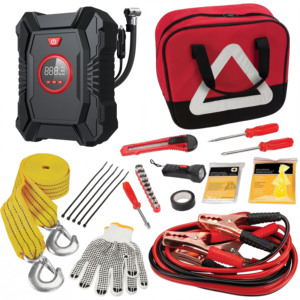 Kit d'outils d'urgence 33 pièces avec gonfleur rapide de pneus 12V 100PSI et câbles de démarrage robustes pour la sécurité automobile - Product Image 1