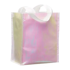 Loja de sapatos de polipropileno laminado iridescente rosa, bolsa holográfica não tecido
