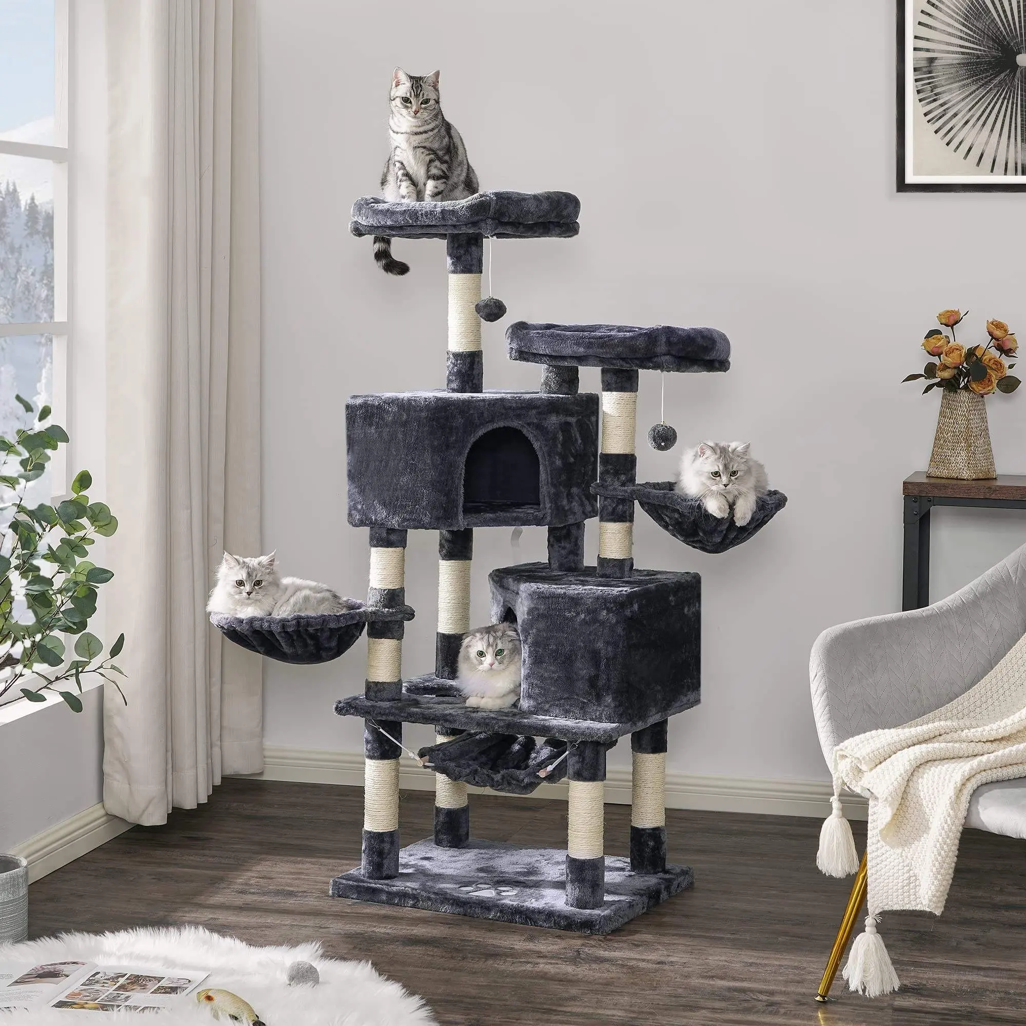 Multi-level Cat Tower Tall Cat Climbing Stand with Plush Perch Toys for Play Rest