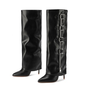 Metal Buckles <b>High</b> Slim Heels Women <b>Knee</b> <b>High</b> Overlay Boots Western Styles Pointed Toe Pants Long Booties Side Zipper Shoes - Product Image 5