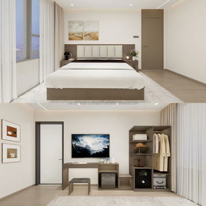 Ensemble complet de mobilier commercial abordable pour chambre à coucher avec lit en bois, tables de chevet, meubles TV et armoire pour hôtel 3 étoiles - Product Image 2