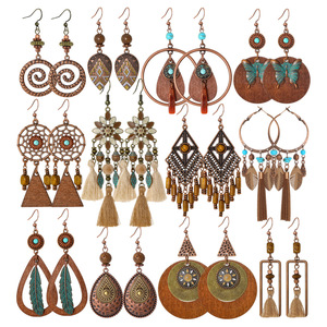 Bohemian Wooden <b>Drop</b> Earrings Antique <b>Bronze</b> Plated Feather Pattern Women's Party Fashion Jewelry 2025 - Product Image 5