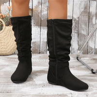 Sepatu Boots Wanita Musim Dingin Semi, Model Ruched Mid-Top, Resleting Samping, Gesper, Bahan Suede Kulit Sapi, Mesh, Gaya Eropa-Amerika, Kasual, Flat