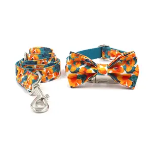 2022 hot sale product new designs exclusive summer flower dog collar durable romantic colorful leash noble luxury metal bow tie