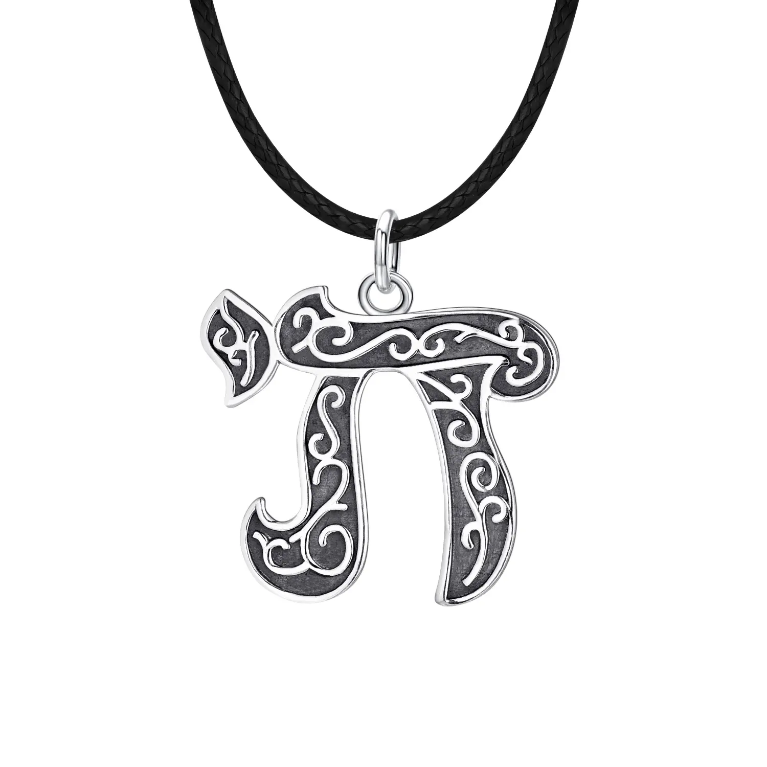 Colgante de joyería de plata 925 de moda con símbolo digital con cuerda de cuero negro