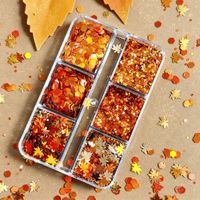 6 Grilles de Paillettes pour Ongles Feuilles d'Érable Automnales, Ambre Orange Doré, Rondes, Tailles Mixtes, Décorations d'Art Ongulaire Automnales pour Ongles à Coller