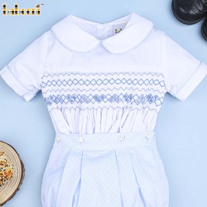 Bleu Géométrique Smocking Boy Set ODM personnalisé Broderie En Gros Fabricant En Gros Smocké Vêtements-BB2411 - Product Image 1