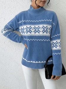 Pull en tricot Fair Isle pour femme, hiver 2026, col montant, manches longues, motif flocon de neige, 100 % acrylique, style nordique - Product Image 5