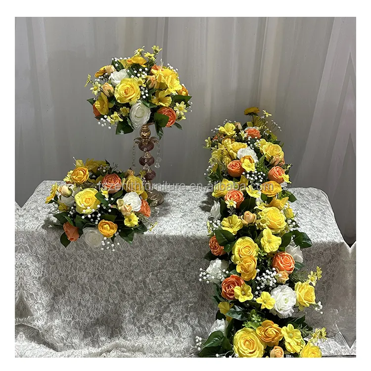Dekorasi bunga buatan, hiasan tengah meja pernikahan, bunga kuning