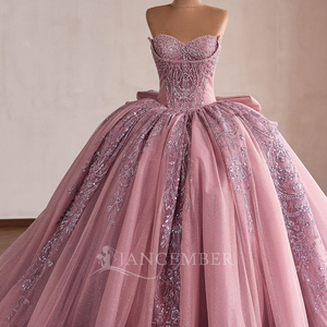 Rsm261029 Magnifique Robe de Bal Quinceañera en Chiffon Rose, Décolleté Cœur, Sans Manches, Dos Lacé, Nœud Pailleté, pour Soirée - Product Image 2
