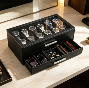 Boîte de présentation de montres de luxe avec fenêtre transparente, organisateur à double tiroir pour montres, colliers, bagues, lunettes de soleil - Product Image 6