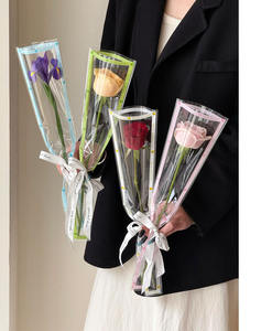 تمنيات جميلة: حقيبة فردية، شفافة، عبوة زهرة وردية واحدة، تغليف زهور، ورق باقة زهور. - Product Image 5