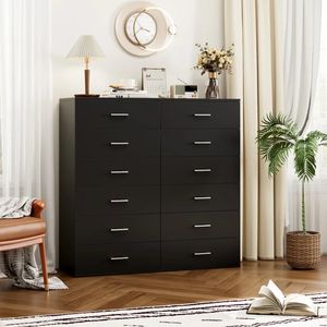 Commode haute en bois MDF noir et blanc avec 5 tiroirs pour rangement de photos et objets domestiques - Product Image 1