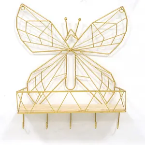 Custom Gold Butterfly Shape Wrought Hanging Basket Animal Iron Metal Storage Rack Home Decor Shelves For Wall Art