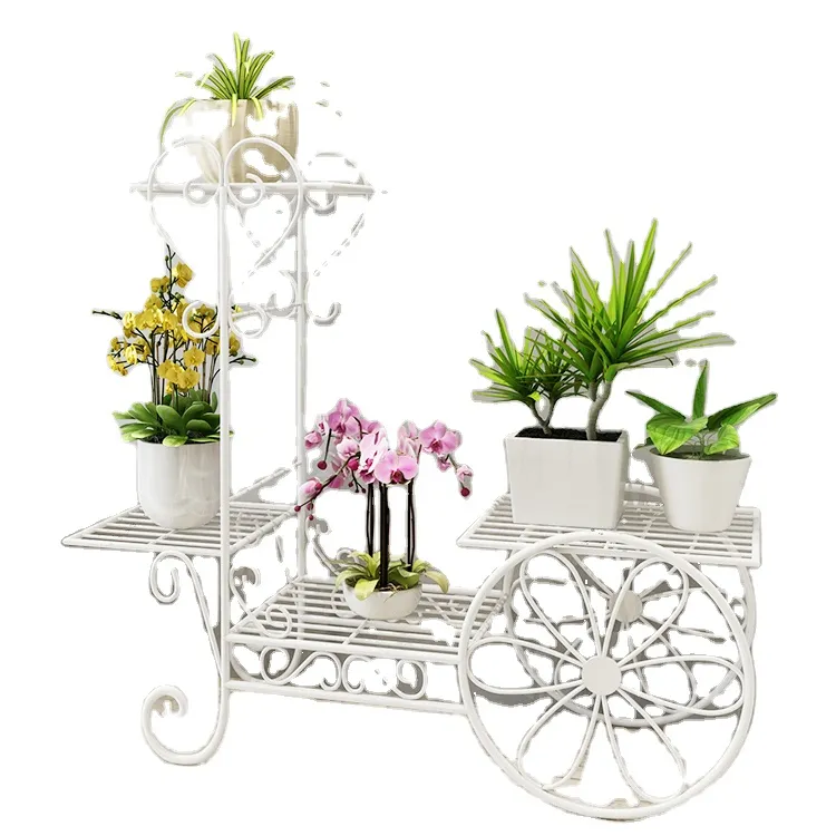 यूरोपीय शैली लौह शिल्प गाड़ी फूल स्टैंड बहु-परत सफेद इनडोर विशेष सजावट फूल बर्तन रैक