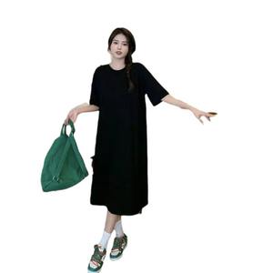 नई ग्रीष्मकालीन प्लस आकार आकस्मिक टी-शर्ट पोशाक मध्य-लंबाई विभाजित छोटी आस्तीन पेट को कवर करते हुए ढीले स्लिमिंग सादे डैड चियन - Product Image 5