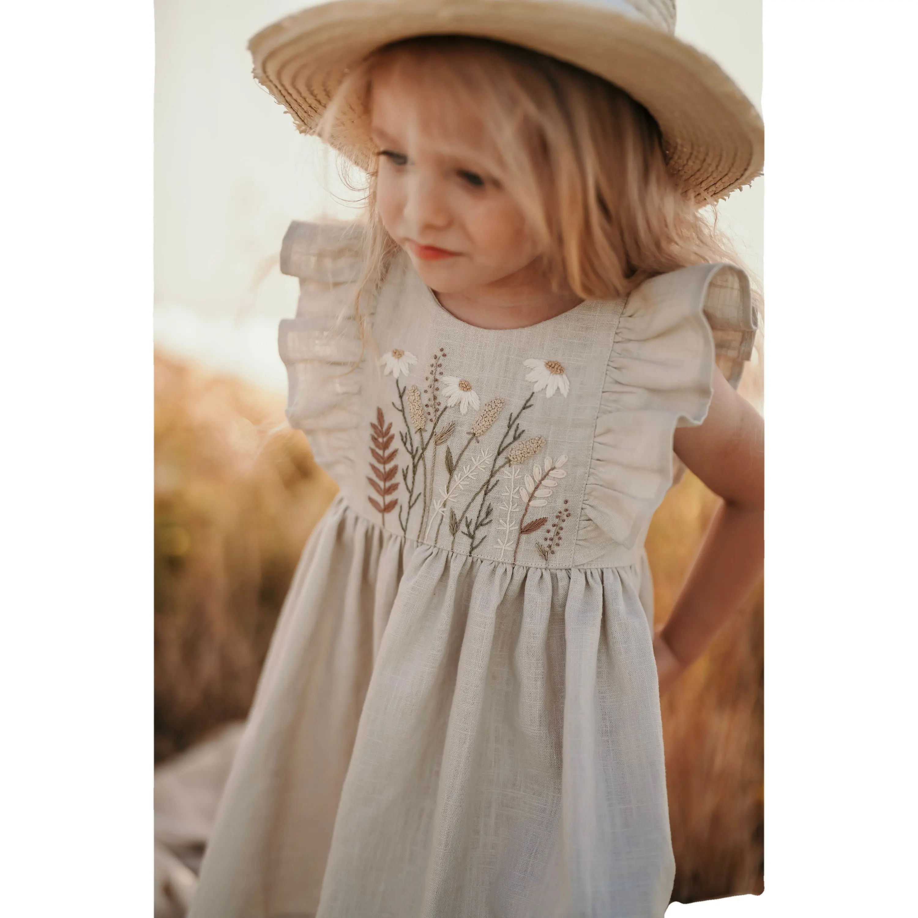 Private label nature cotton linen kids baby baby girls dresses for girls summer hand embroidery toddler girls dress