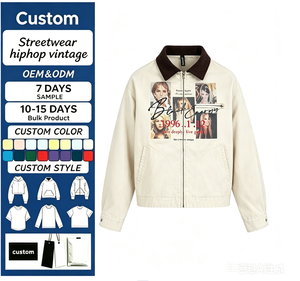 Giacca da Lavoro Vintage in Tela per <span class=keywords><strong>Uomo</strong></span>, con Zip e Stampa Retrò di Stelle, <span class=keywords><strong>Cappotto</strong></span> Casual Corto in Twill <span class=keywords><strong>Beige</strong></span> - Product Image 1