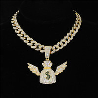 Hip Hop Icy Bling Collier Bijoux Hommes Glacé Plaqué Or Strass Diamant Aile Sac D'argent Pendentif Avec Prong Collier Cubain
