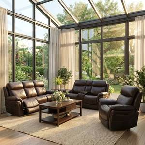 Juego de Muebles de Sala de Estar de Tres Piezas Ajustables Manualmente, Marca Frank Luxury, con Costuras en Contraste, Sofá Reclinable de Cuero Marrón Oscuro - Product Image 2