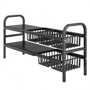 Carbon Steel Double Tier Standing <b>Kitchen</b> <b>Storage</b> Rack Organizer Removable Tray <b>Storage</b> <b>Unit</b> Multifunction Cleaning Tools - Product Image 2