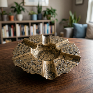 <b>Vintage</b> Brass Round Desktop <b>Ashtray</b> With Intricate Floral Design For Home Decor - Product Image 6