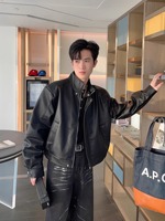 Blouson Bomber Urbain Noir Personnalisé en Cuir PU à Col Montant et Poignets Côtelés pour Homme, Coupe Ample et Légère, Impression de Votre Logo et Vêtements