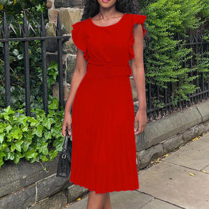 Abito Estivo da Donna con Maniche a Volant, Tinta Unita, Plissettato, Elegante e Semplice per Ufficio, con Cintura - Product Image 4