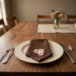 Cotton Napkin with Floral Embroidery | Brown Textured Cotton Dinner Napkin | Premium Decorative Table Napkin for Home - Product Image 2