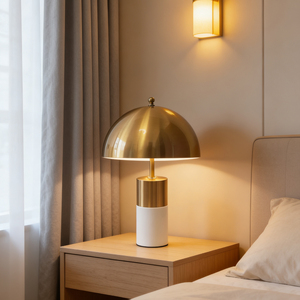 Lámpara de mesa con base de mármol, pantalla de cúpula dorada, luz LED, iluminación de escritorio para dormitorio, diseño minimalista moderno, portalámparas E27 - Product Image 2