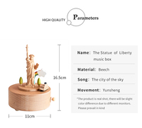 Boîte à musique Statue de la Liberté en hêtre, ronde, rotative, 18 notes, à remontoir, souvenir de New York, logo personnalisé, cadeau, vente en gros d'usine