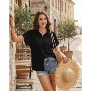 Womens Cotton Linen Button Down Shirt Short Sleeve Solid Summer <b>Blouse</b> With Pocket Casual Everyday Top - Product Image 2