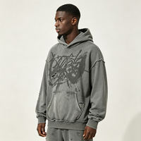 Sweat à capuche oversize streetwear délavé et effiloché, imprimé graffiti abstrait Kornit DTG, effet brossé