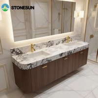 Meuble-lavabo double vasque en marbre Calacatta Viola StoneSun, lavabo flottant de luxe en marbre italien pour salle de bain de villa ou d'hôtel