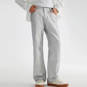 Jeans en denim décontractés pour hommes, coupe droite, argentés, grande taille, style hip-hop streetwear - Product Image 1