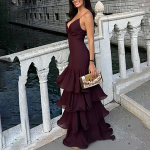 Abito Lungo da Festa Senza Maniche con Schiena Scoperta e Scollo a V per Donna, Elegante Vestito Primaverile a Linea A con Volant e Spalline Sottili - Product Image 4