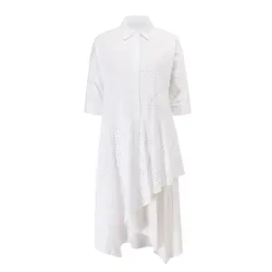Custom OEM Solid Color Summer White Layered Drape Hem Hollow Out Embroidered Cloth Asymmetrical Loose Casual Dress Women 2024