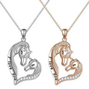 S925 Sterling Silver Jewelry Animal Forever Love Heart Horse Pendant Necklace Gift for Women Girls Mother Mom